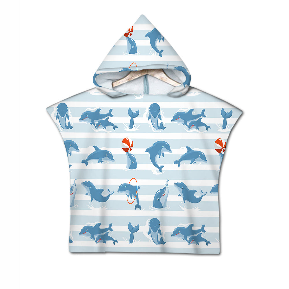 Hooded towel with dolphin pattern on a white background
