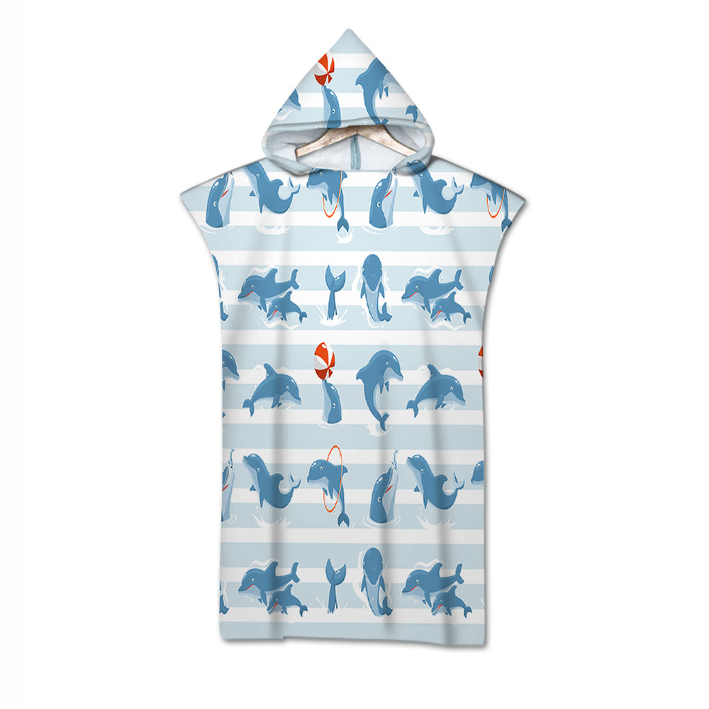Hooded towel with dolphin pattern on a white background