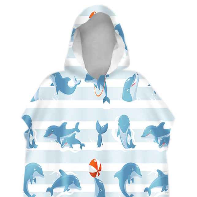 Hooded towel with dolphin pattern on a white background