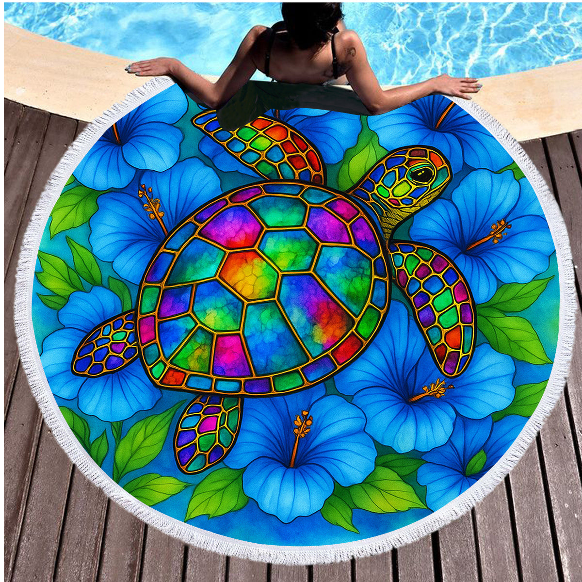 Hibiscus Sea Turtle Round Beach Towel