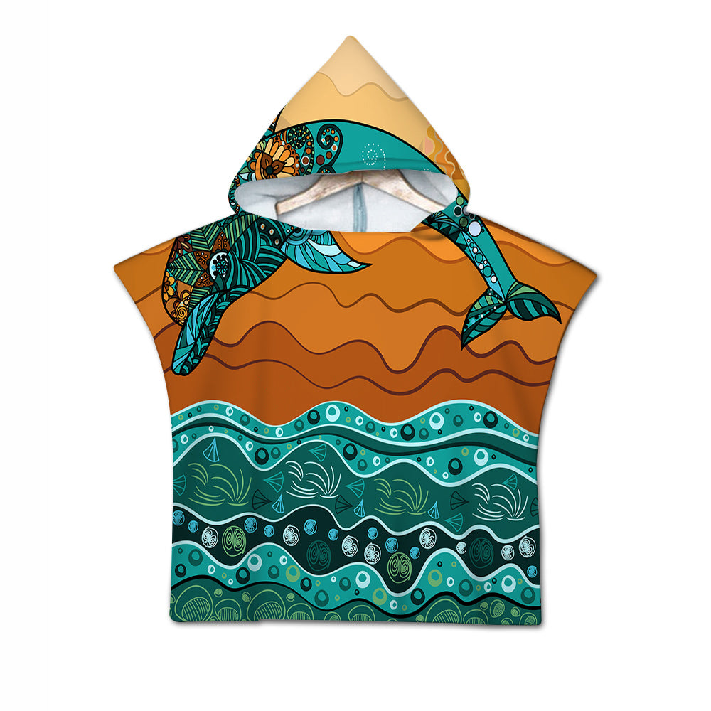 Hooded towel with ocean-themed design on a white background