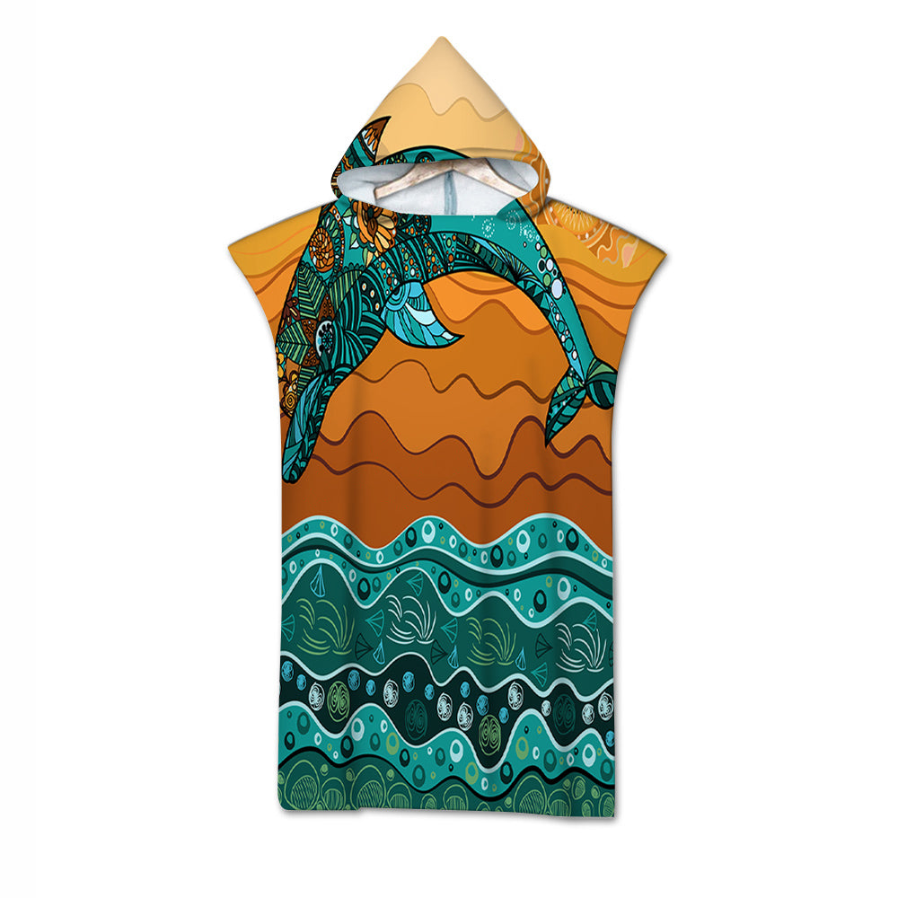 Hooded towel with ocean-themed design on a white background