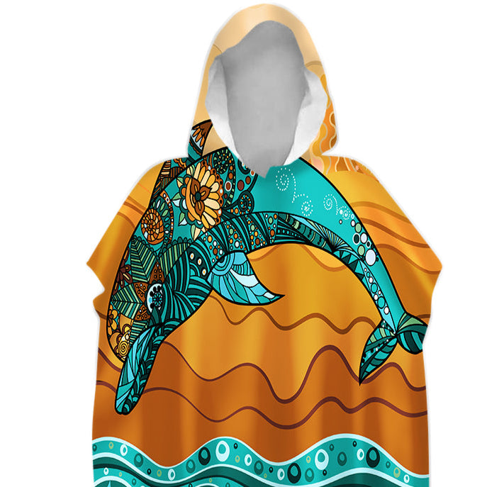 Hooded towel with a dolphin design on a white background