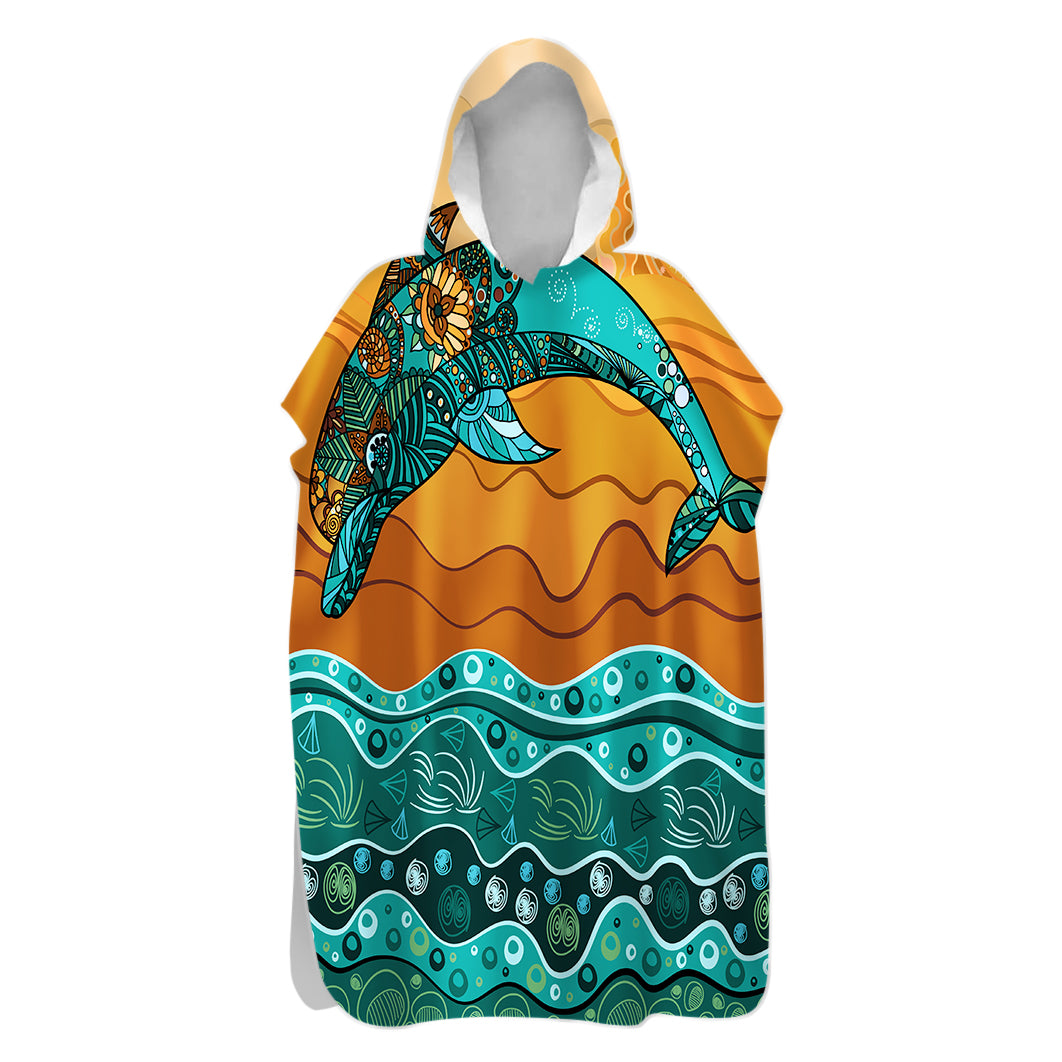 Hooded towel with a dolphin design on a white background