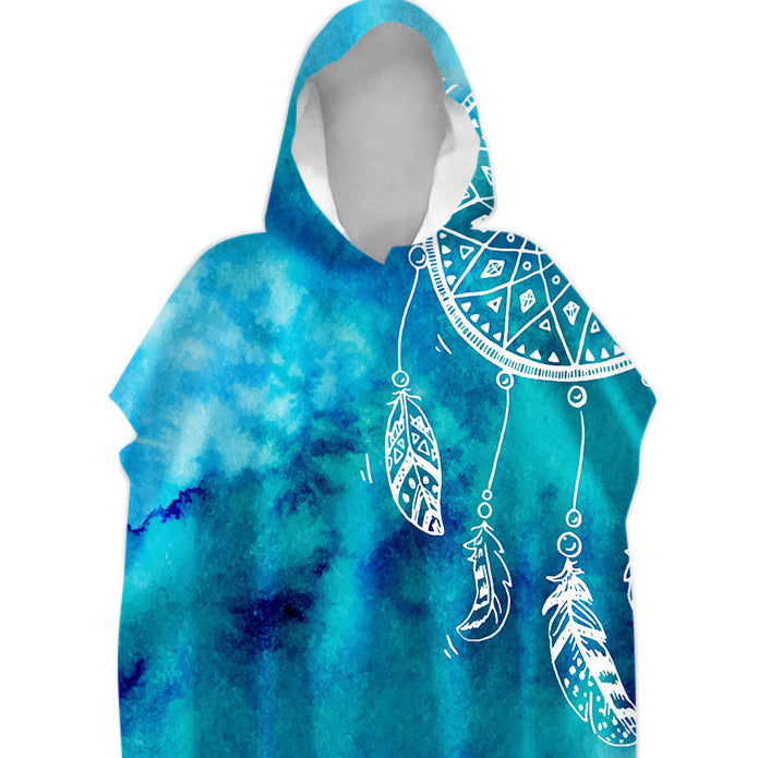 Blue tie-dye hoodie with white dreamcatcher design on a white background