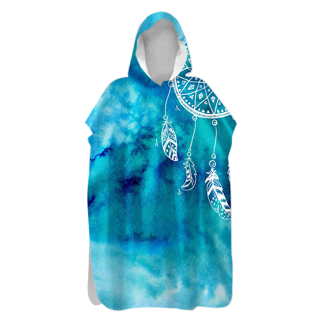 Blue tie-dye hoodie with white dreamcatcher design on a white background