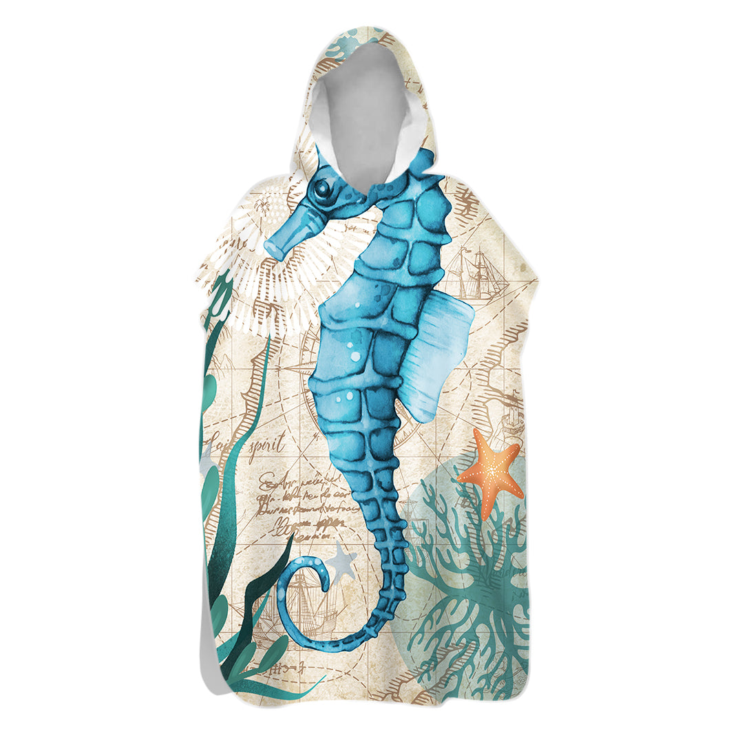 Seahorse-themed hooded towel with map design on a white background