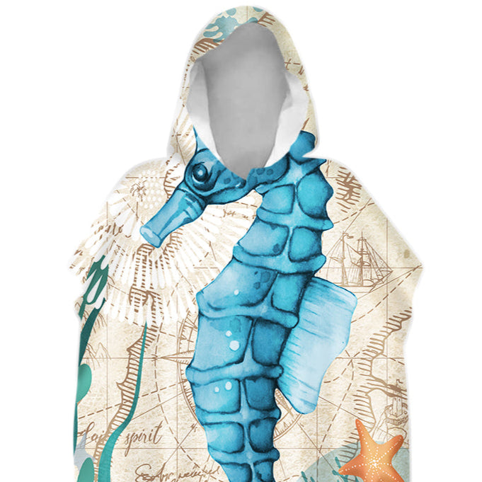 Seahorse-themed hooded towel with map design on a white background
