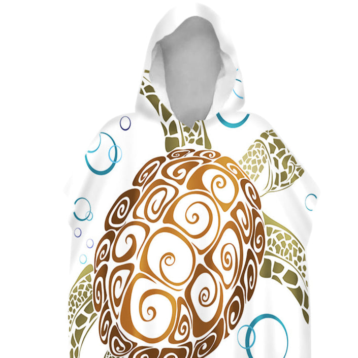 Hooded towel with turtle design on a white background