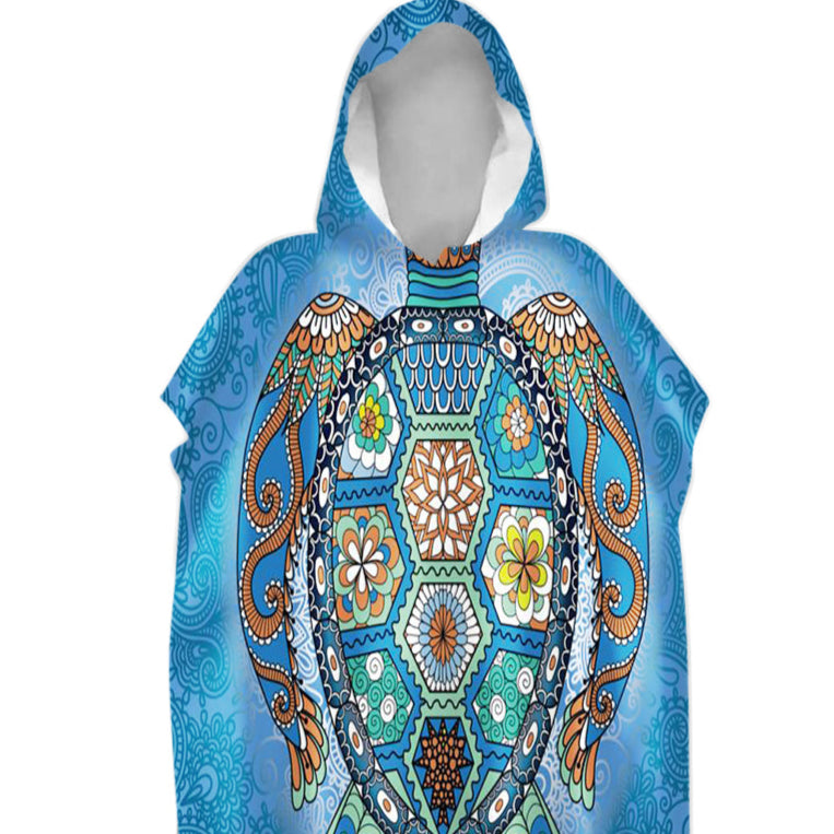 Hooded towel with turtle design on a white background