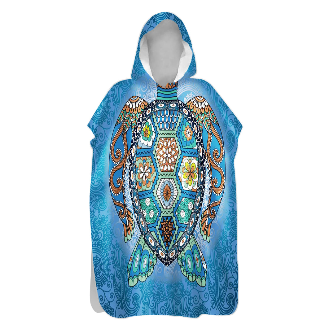 Hooded towel with turtle design on a white background