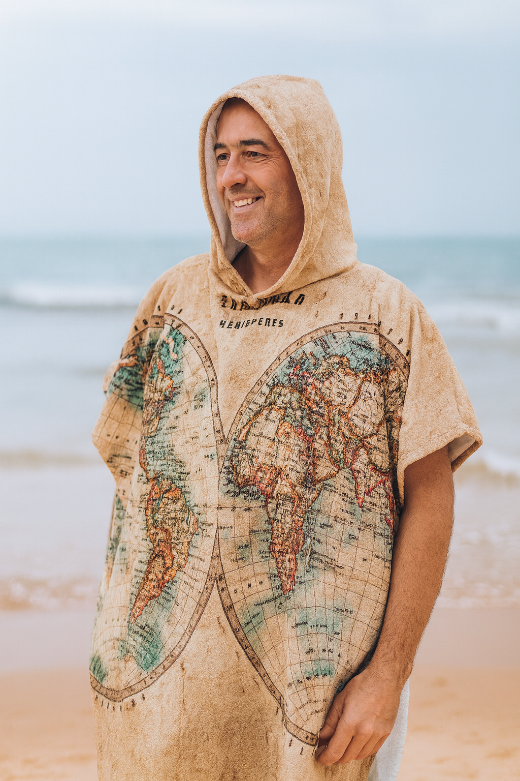Man wearing a beach towel hoodie with world map design on a beach