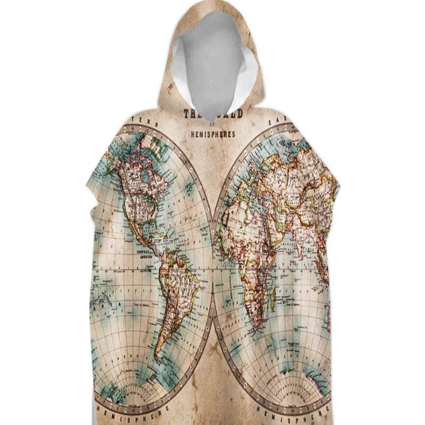 Hooded towel with world map design on a white background