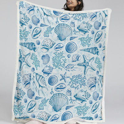 Blue Seashells Bedspread Blanket