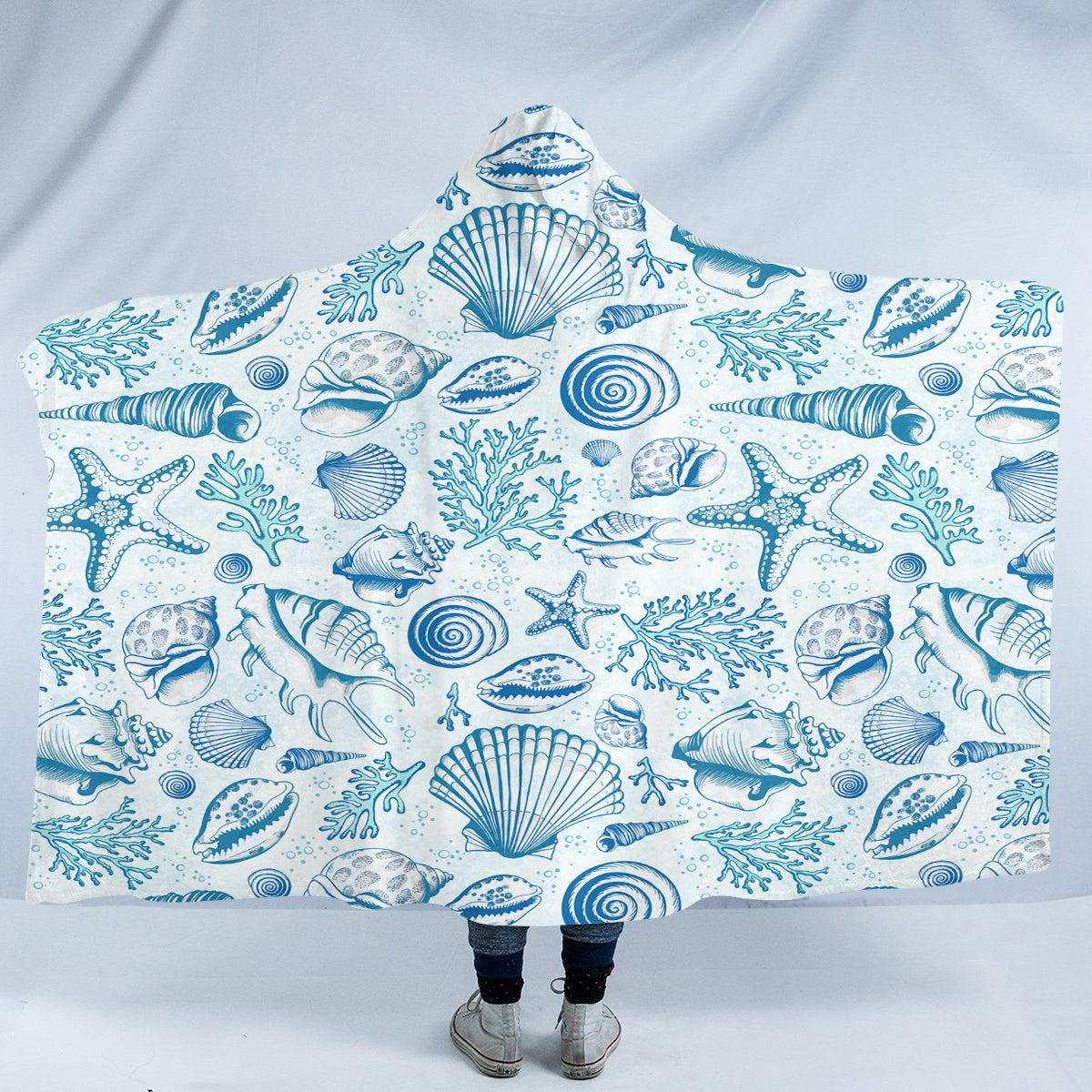 Blue Seashells Cozy Hooded Blanket