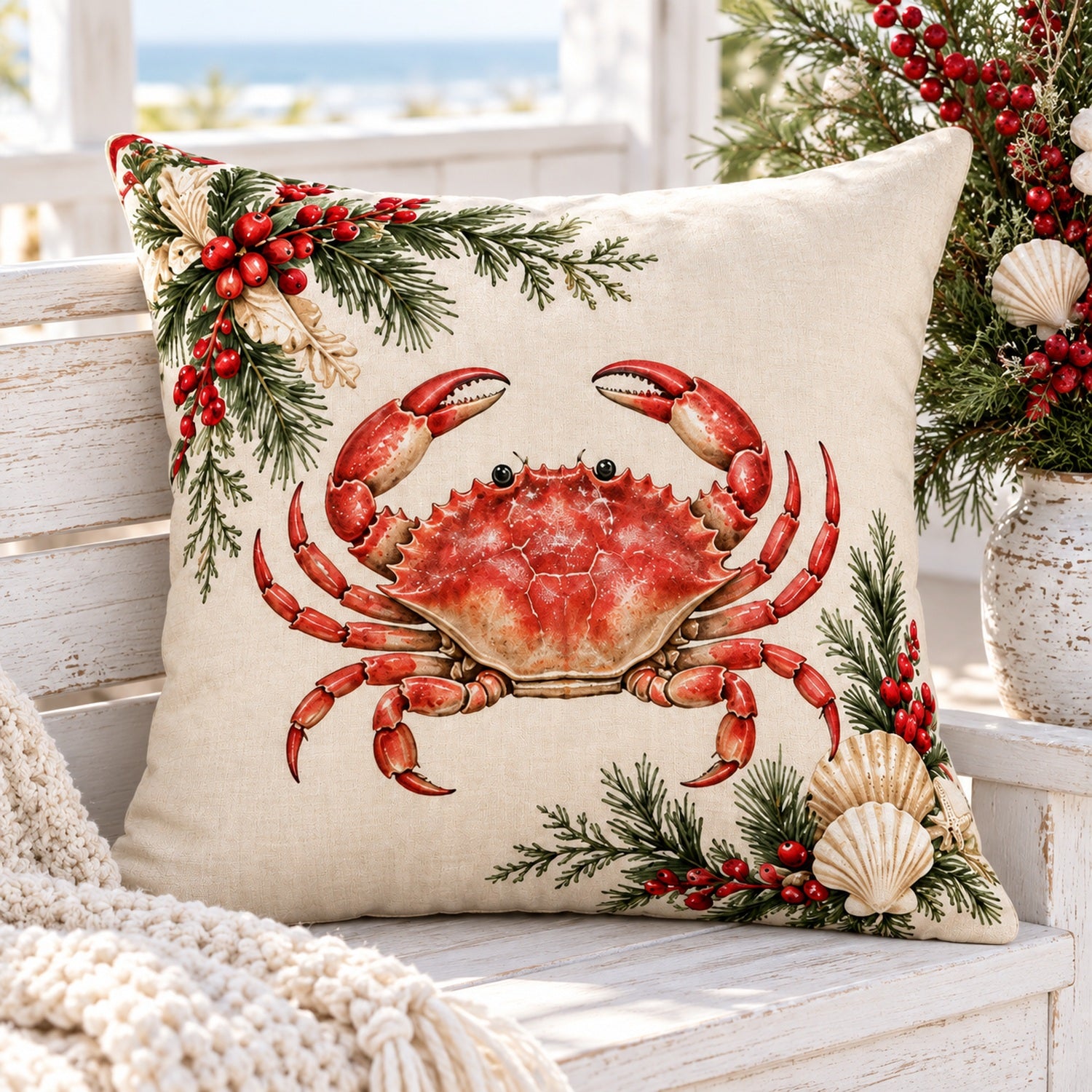 Crab coastal Christmas pillow cover on a whitewashed bench with festive greenery