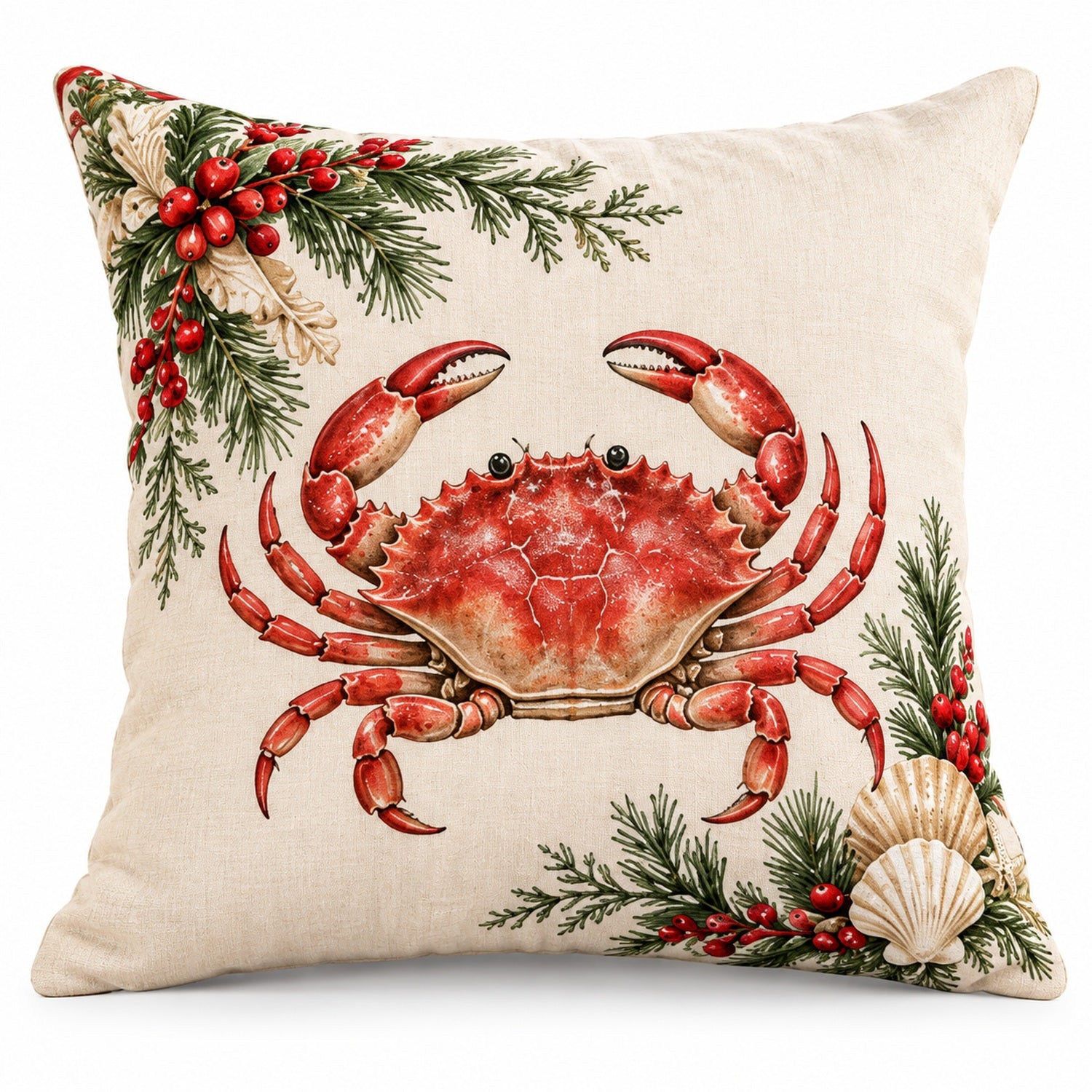 Crab coastal Christmas pillow cover with festive red and green details on cream, shown on a white background