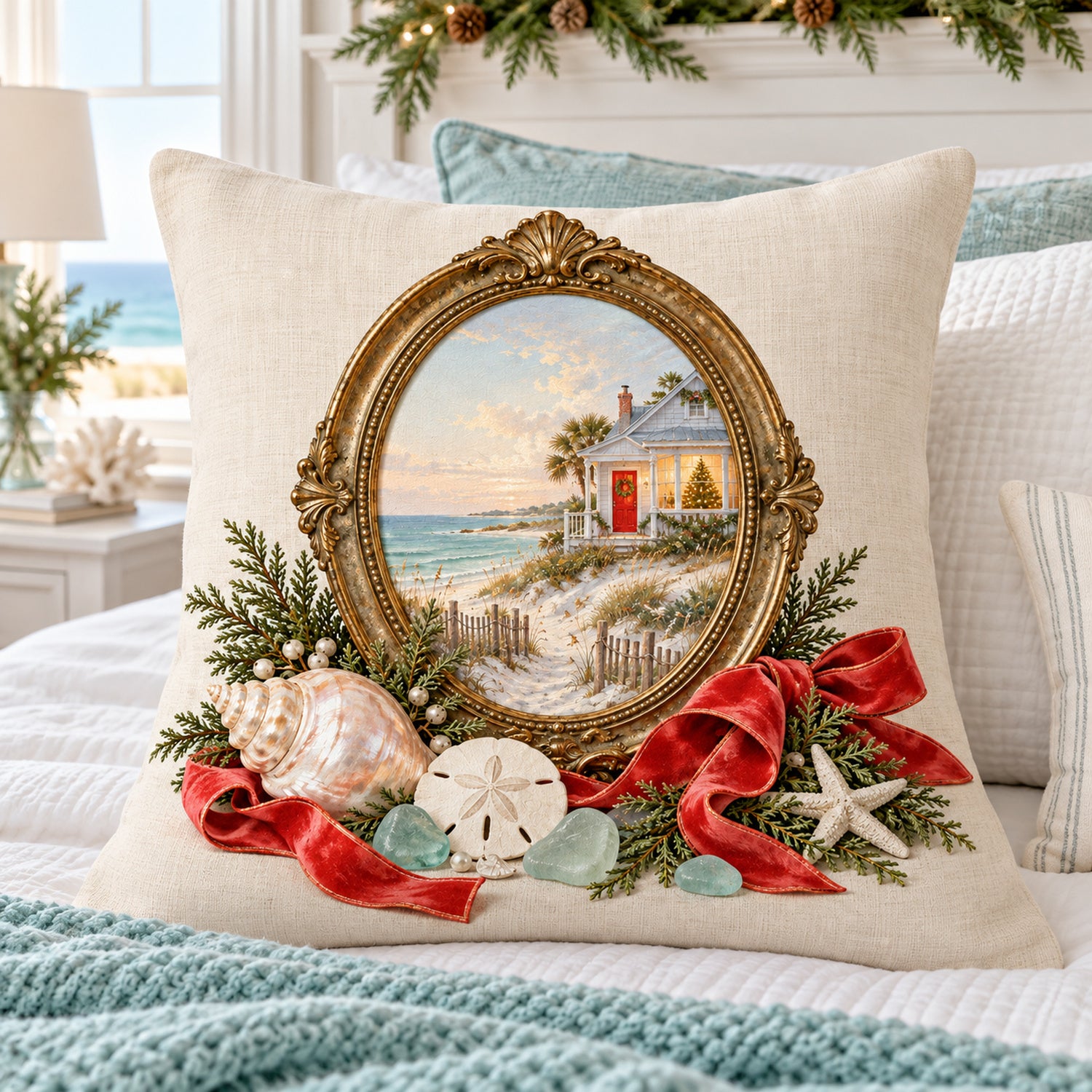 Beach cottage Christmas pillow cover on an ivory bed with an aqua throw and festive cedar garland