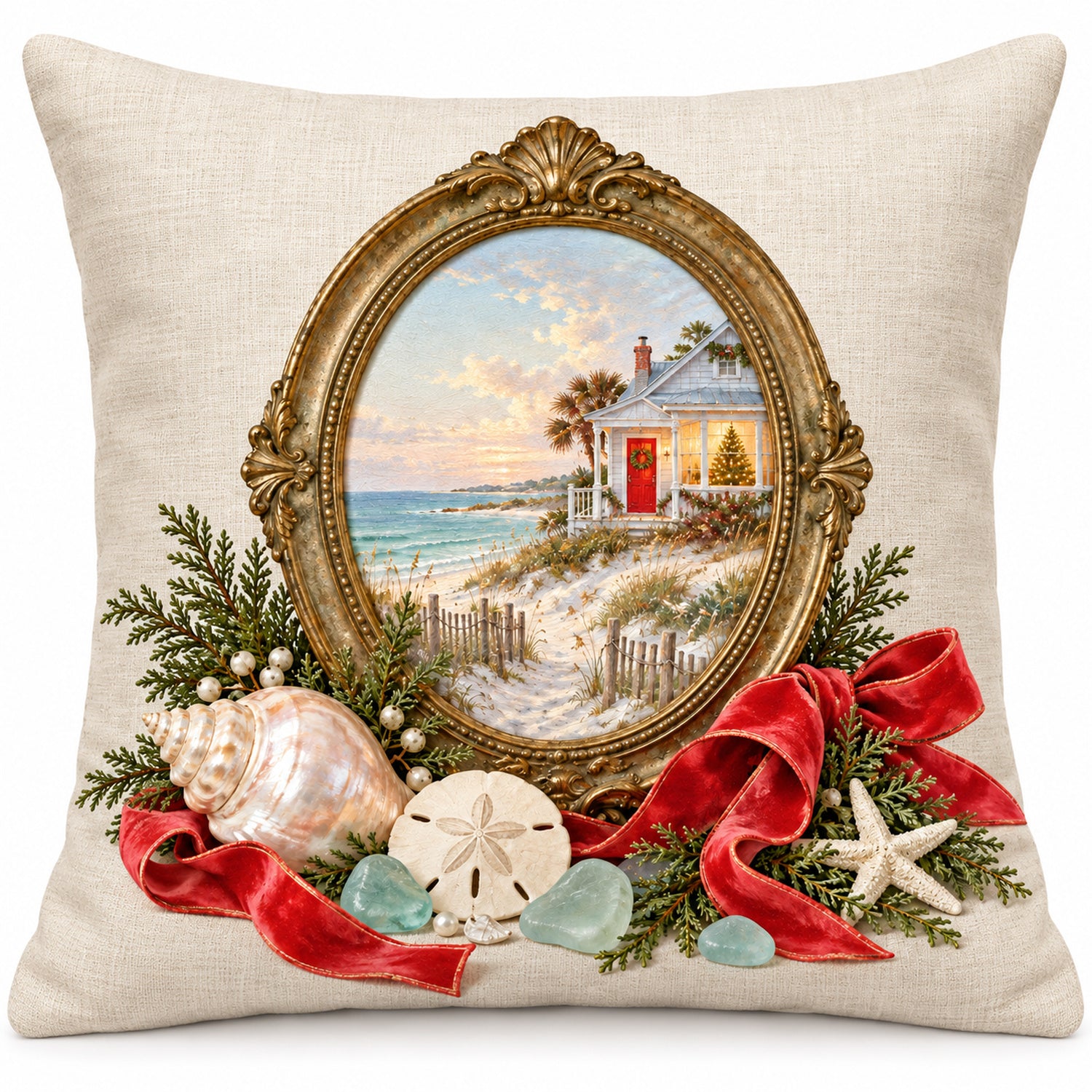 Beach cottage Christmas pillow cover with an ornate oval frame, seashells and red ribbon, shown against white