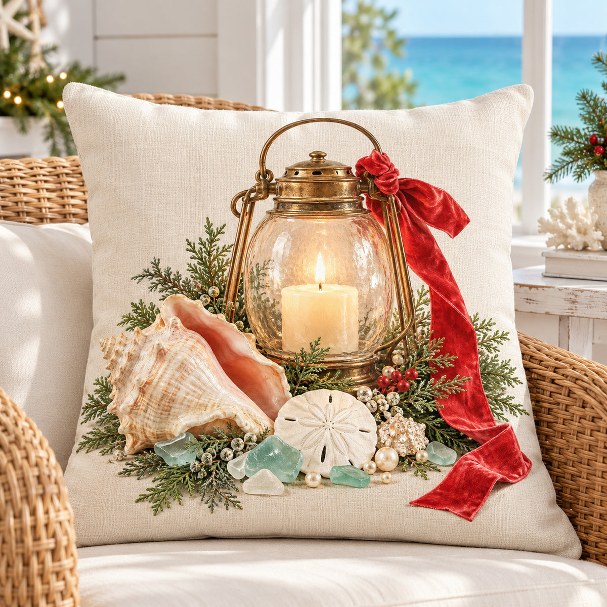 Christmas lantern and seashell pillow cover on a rattan armchair in a bright coastal reading nook