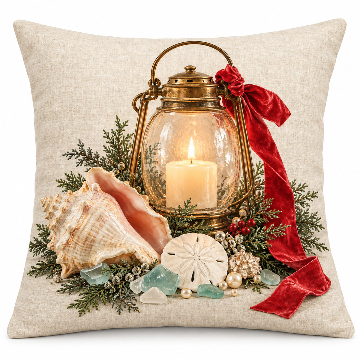 Coastal Christmas lantern pillow cover with a conch shell, sand dollar and red ribbon, shown against white