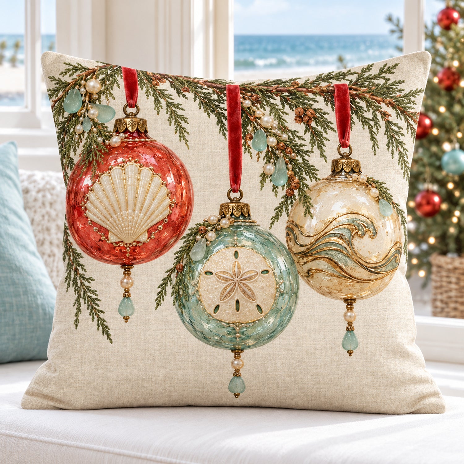 Coastal Christmas ornament pillow cover on a white window bench beside a decorated tree and ocean-view window