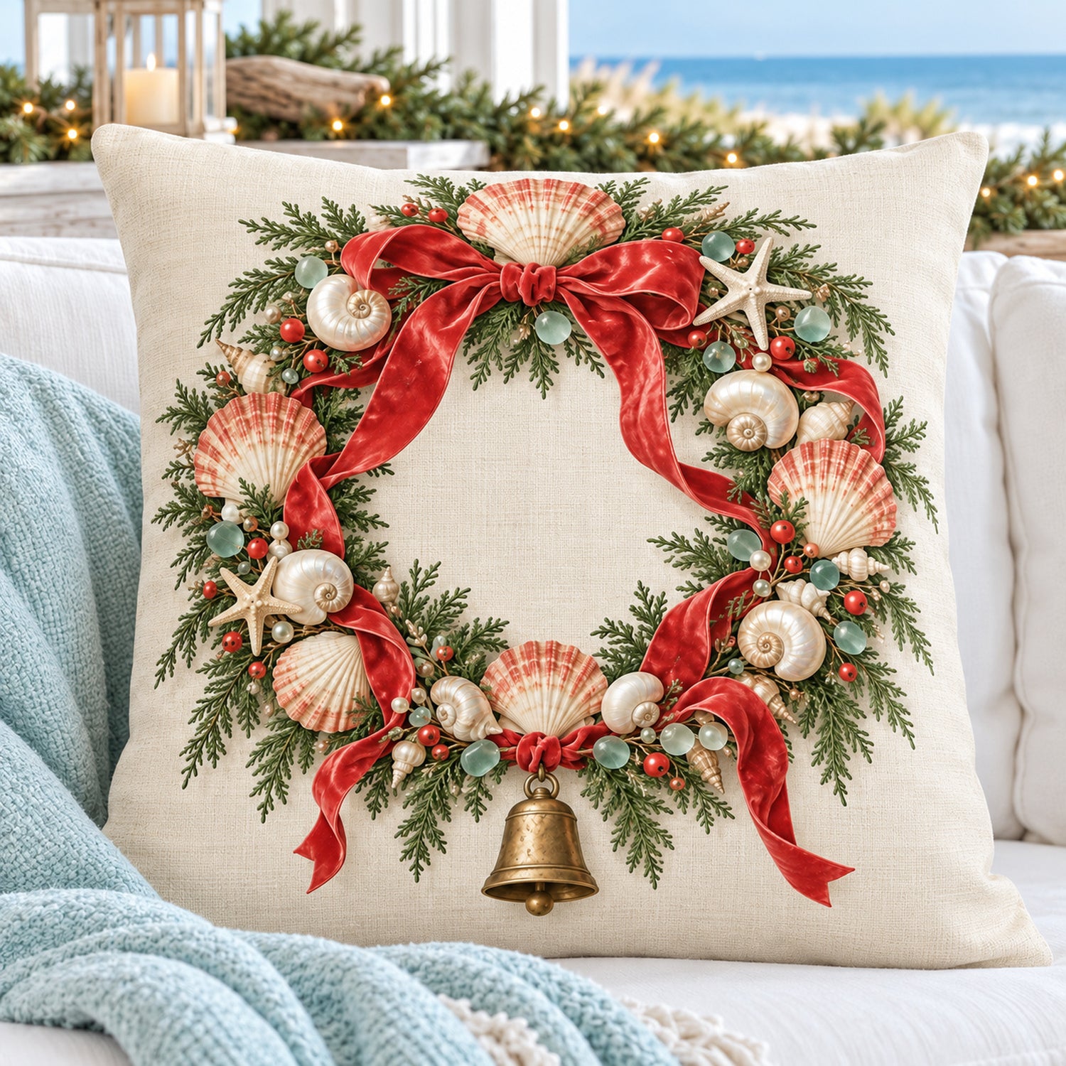 Seashell wreath Christmas pillow cover on a white coastal sofa with an aqua throw and ocean view