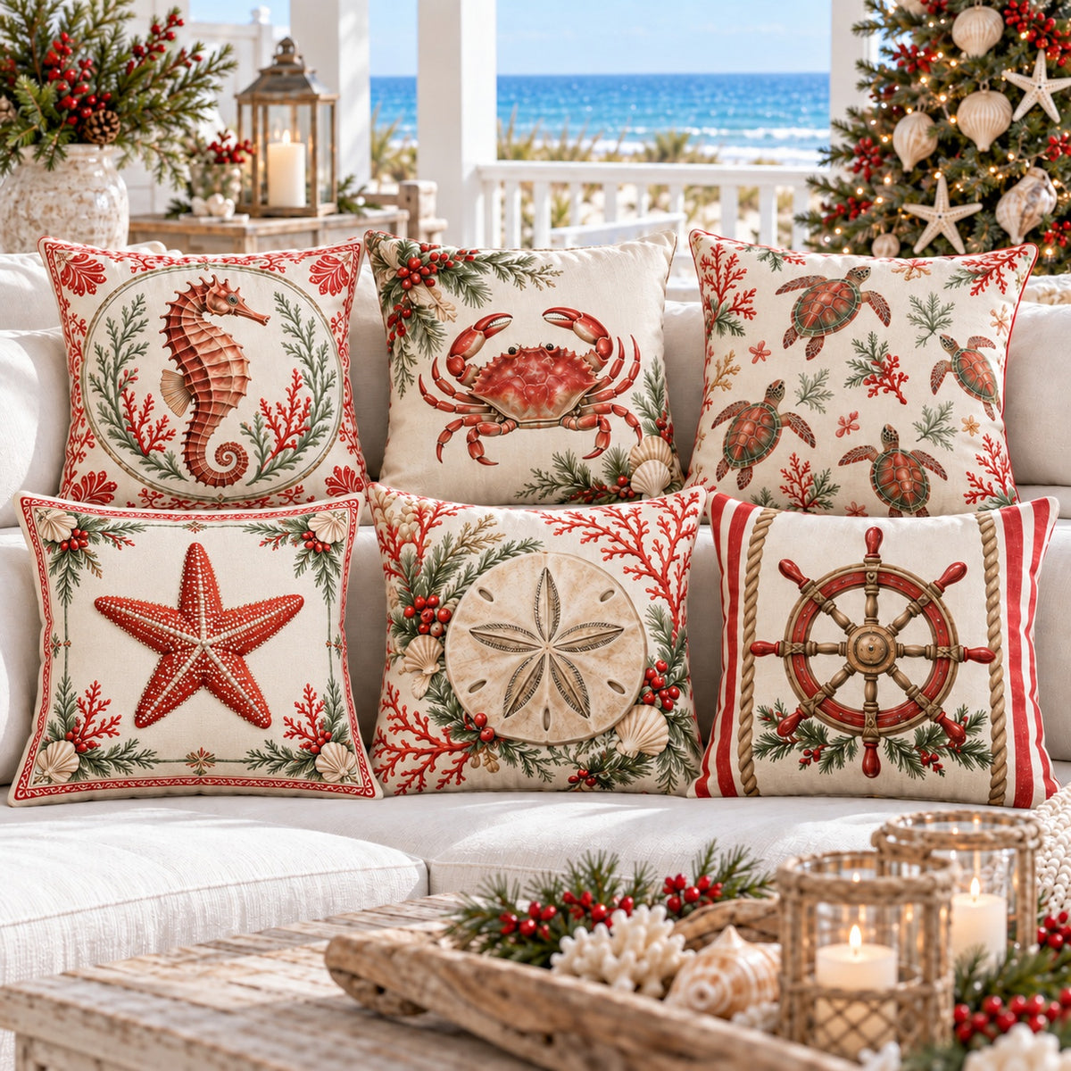 Six coastal Christmas pillow covers with seahorse, crab, sea turtle, starfish, sand dollar and ship’s helm designs on a beach-house sofa