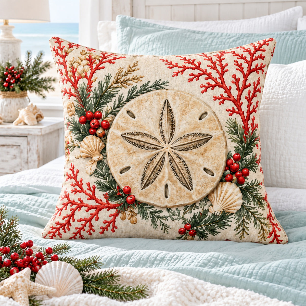 Sand Dollar coastal Christmas pillow cover on a coastal bed with pale aqua bedding