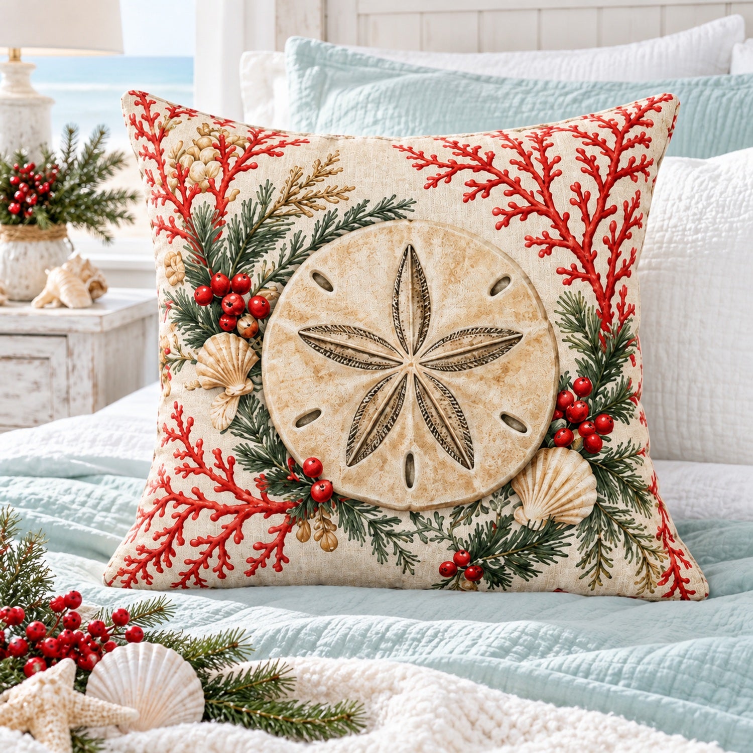 Sand Dollar coastal Christmas pillow cover on a coastal bed with pale aqua bedding