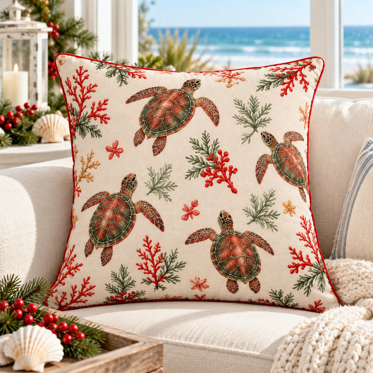 Sea Turtle coastal Christmas pillow cover on a cream sofa beside an ocean-view window