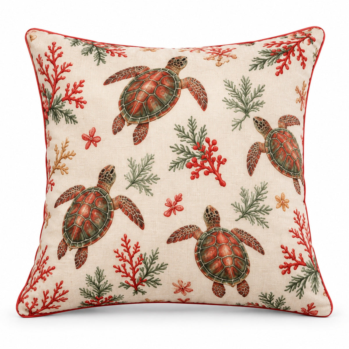 Sea Turtle coastal Christmas pillow cover with festive red and green details on cream, shown on a white background