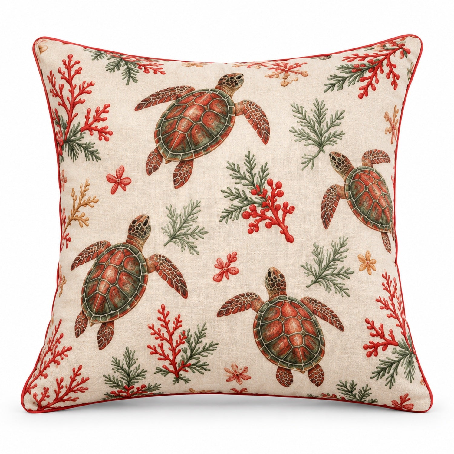 Sea Turtle coastal Christmas pillow cover with festive red and green details on cream, shown on a white background
