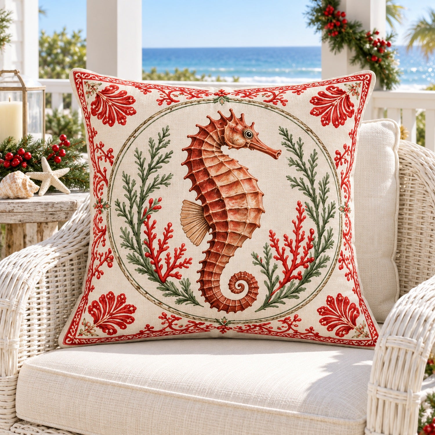 Seahorse coastal Christmas pillow cover on a white rattan chair on an ocean-view Christmas porch