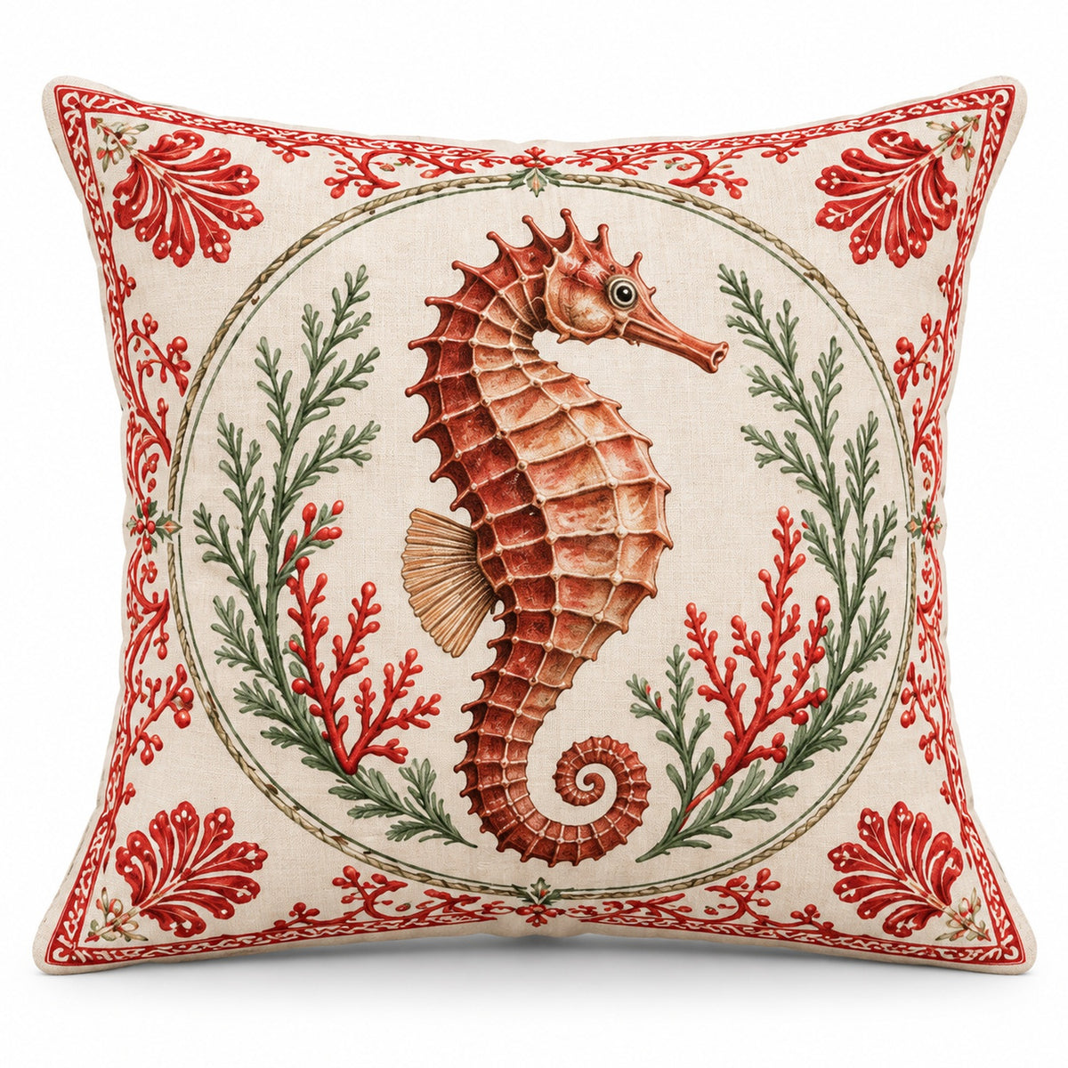 Seahorse coastal Christmas pillow cover with festive red and green details on cream, shown on a white background