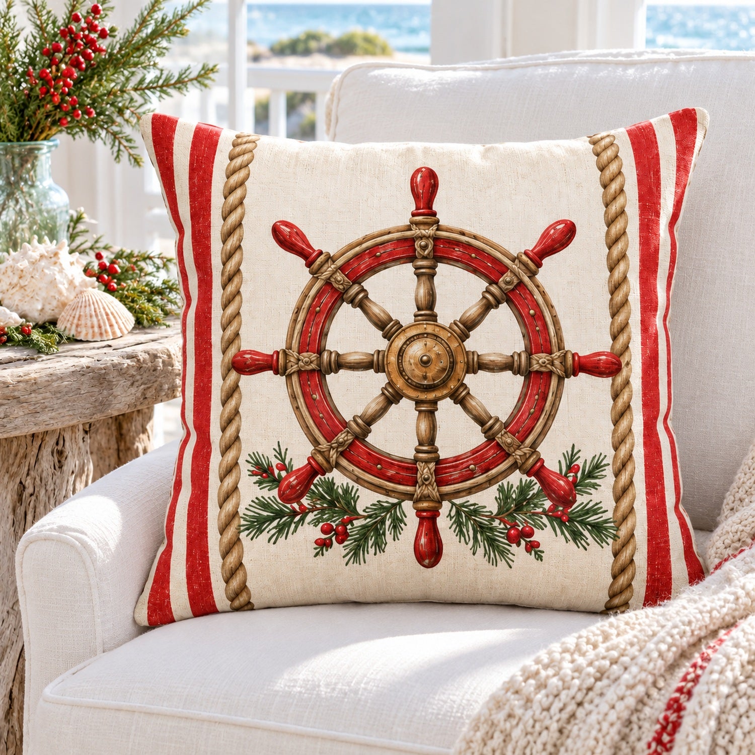 Ship’s Helm coastal Christmas pillow cover on a white reading chair beside a driftwood table