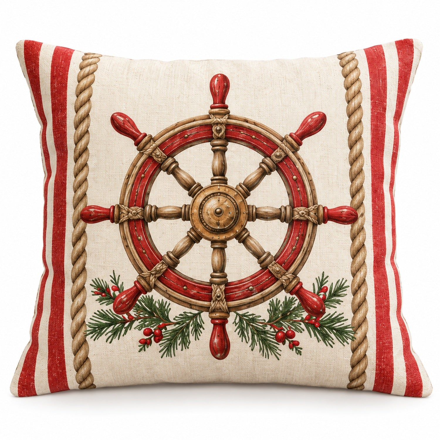 Ship’s Helm coastal Christmas pillow cover with festive red and green details on cream, shown on a white background