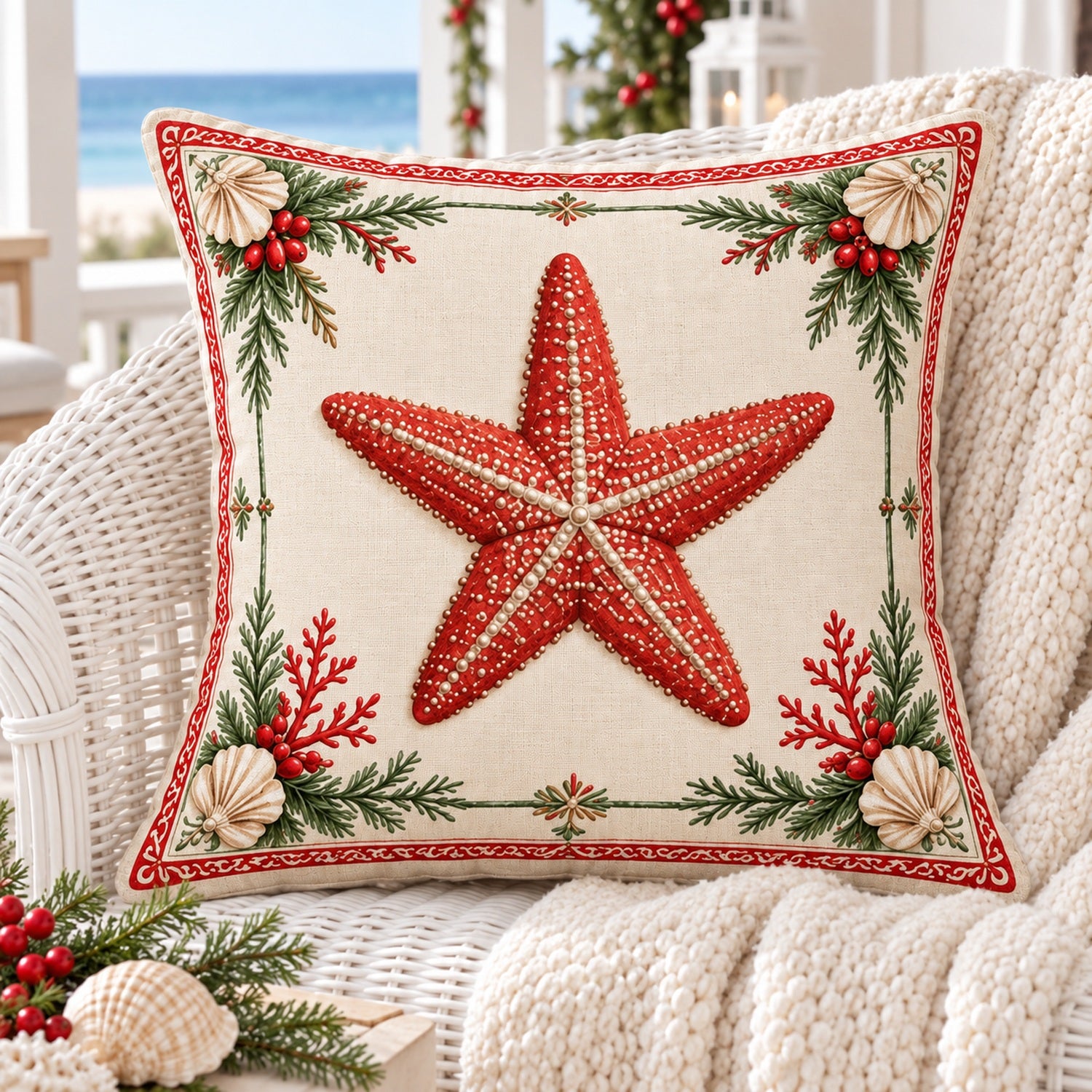 Starfish coastal Christmas pillow cover on a white woven chair with a cream throw