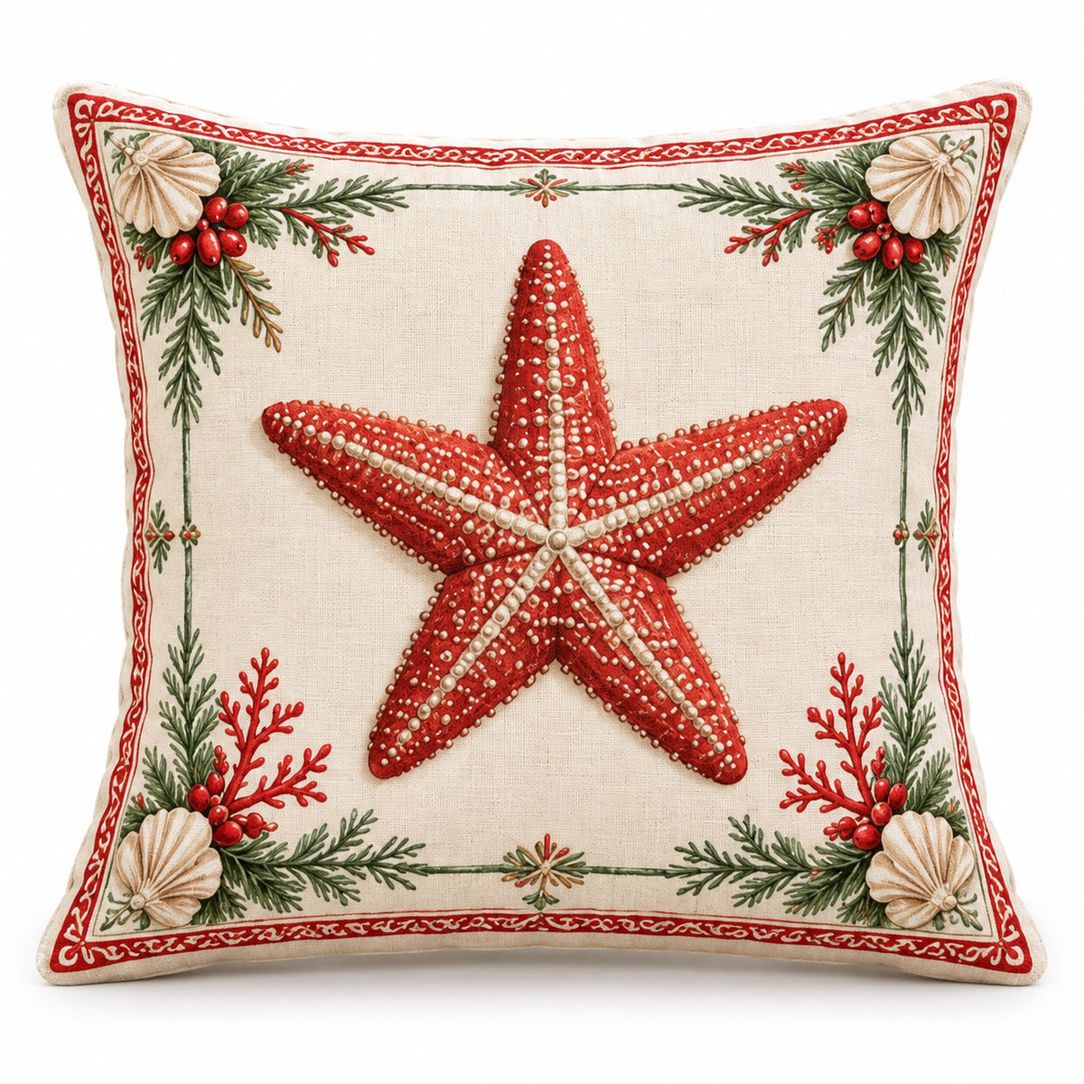 Starfish coastal Christmas pillow cover with festive red and green details on cream, shown on a white background