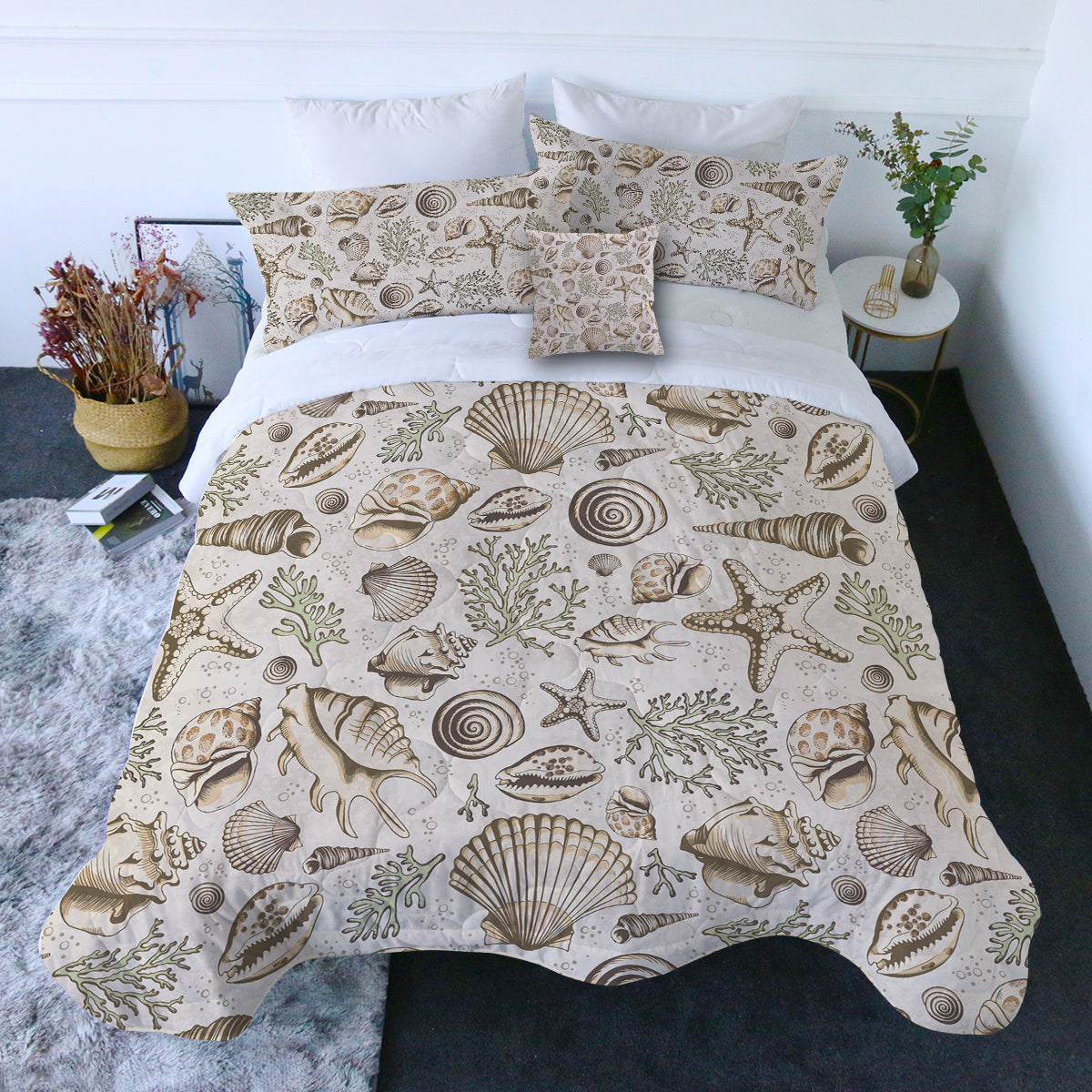 Brown Seashells Comforter with Shams and Pillow Cover