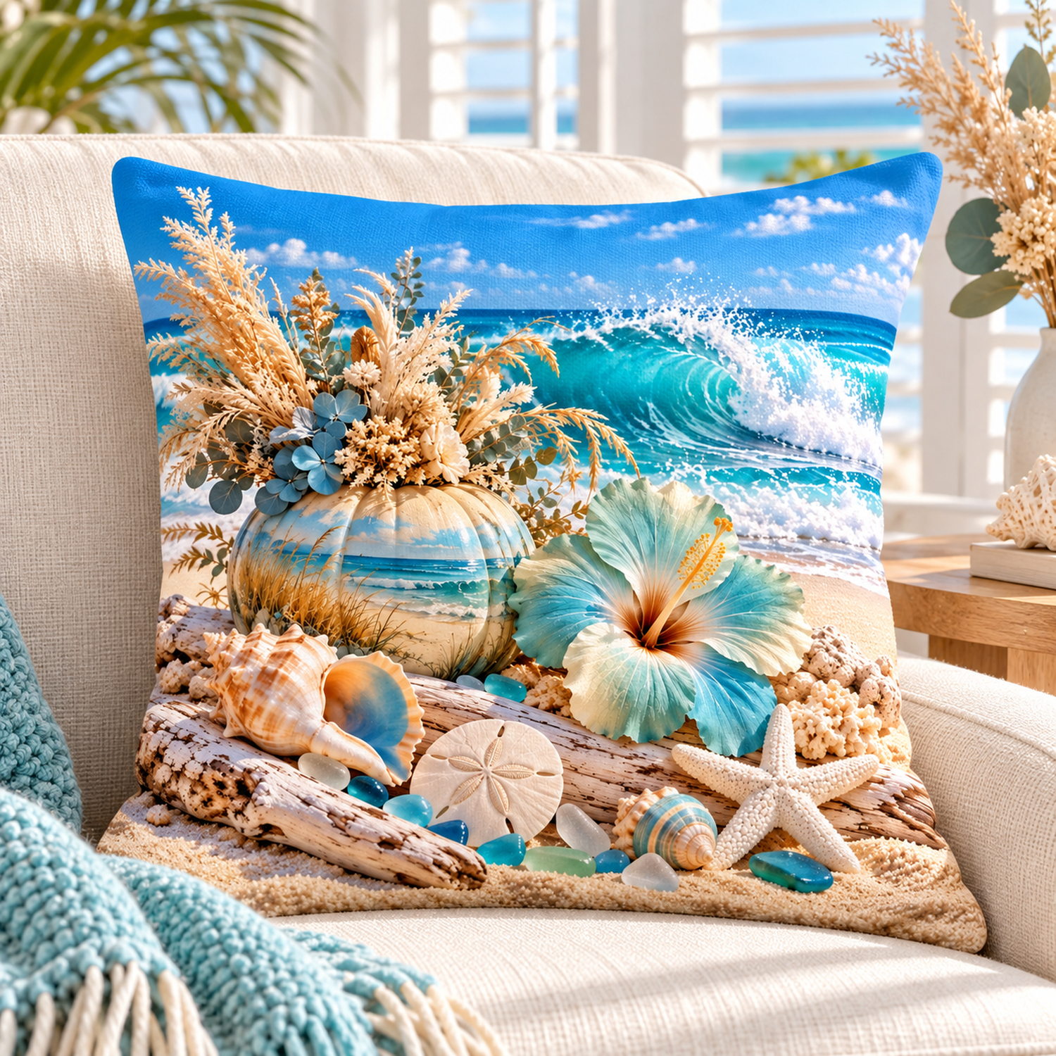 Aqua Hibiscus Harvest printed coastal pillow cover featuring aqua hibiscus, painted pumpkin, seashells and turquoise wave, styled in a bright coastal home
