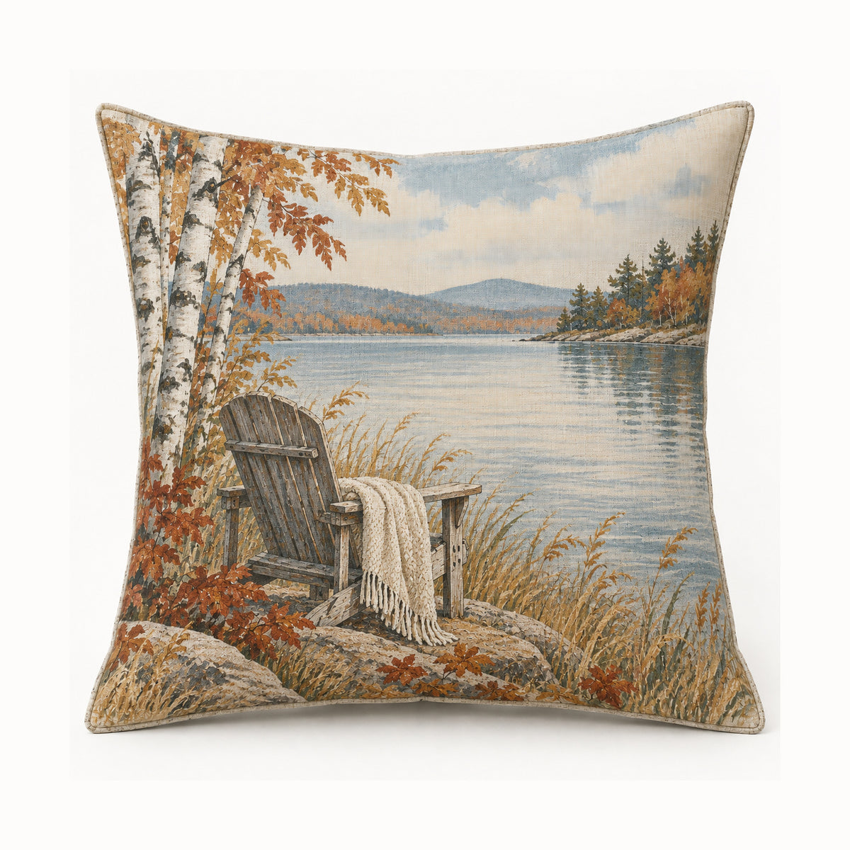 Adirondack Autumn Lake pillow cover on light background