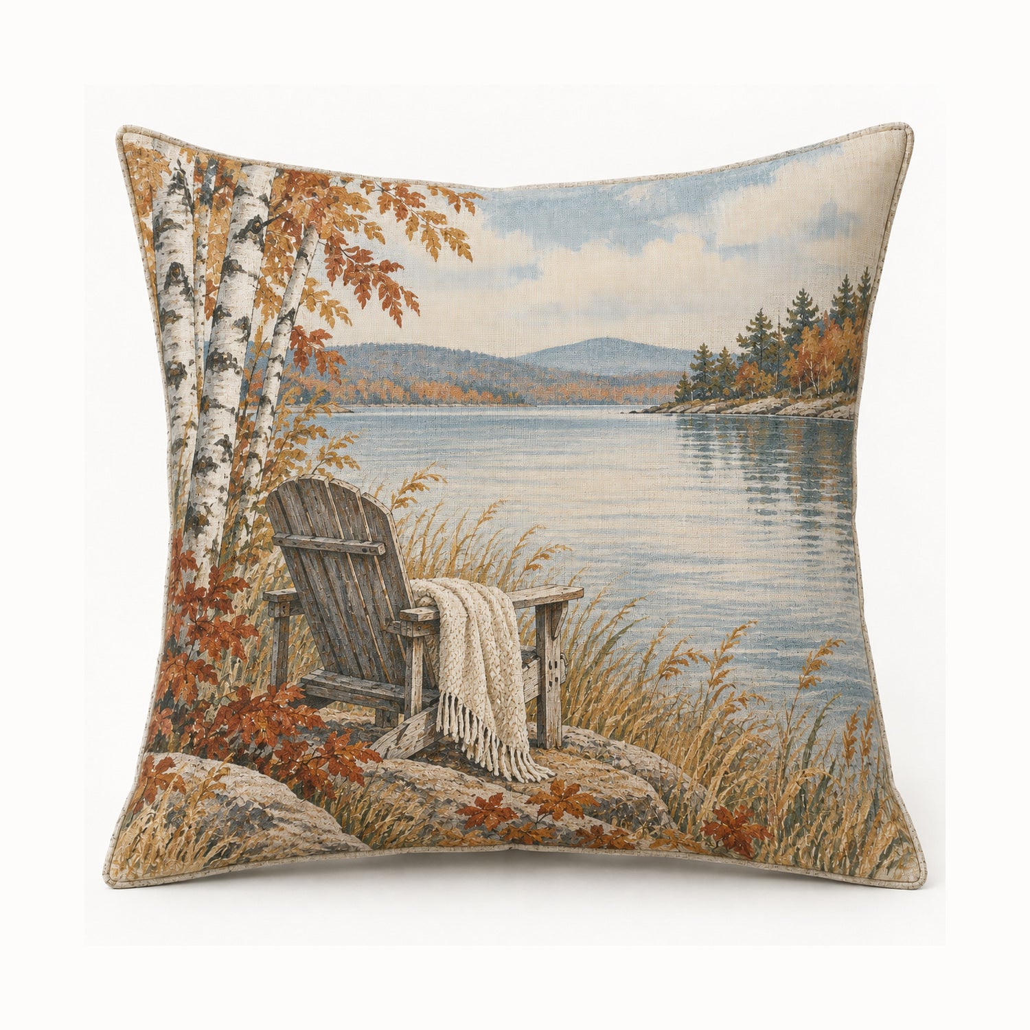 Adirondack Autumn Lake pillow cover on light background