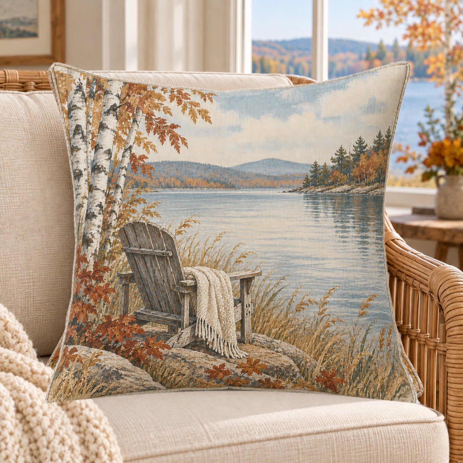 Adirondack Autumn Lake pillow cover in a lake house