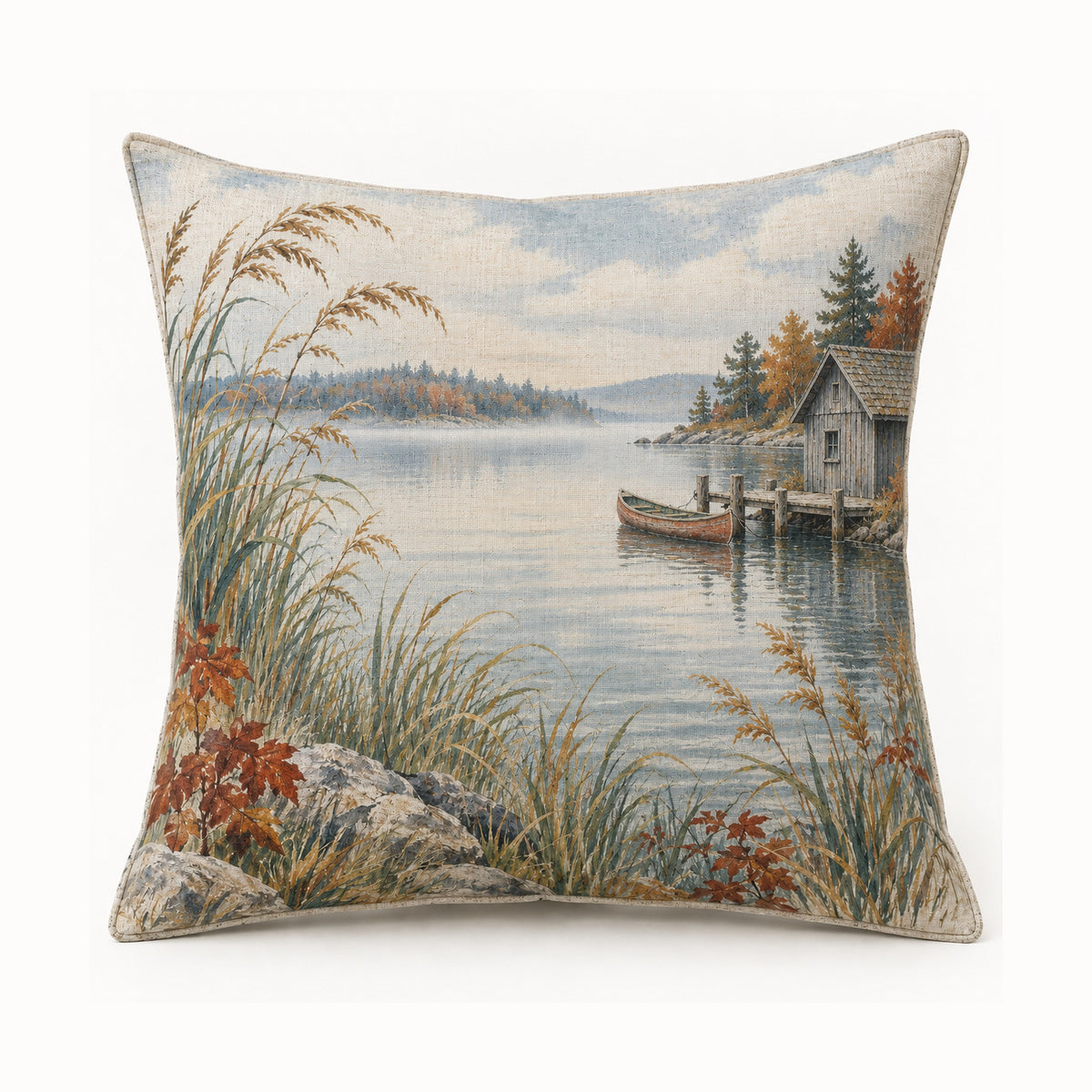 Autumn Canoe and Boathouse pillow cover on light background