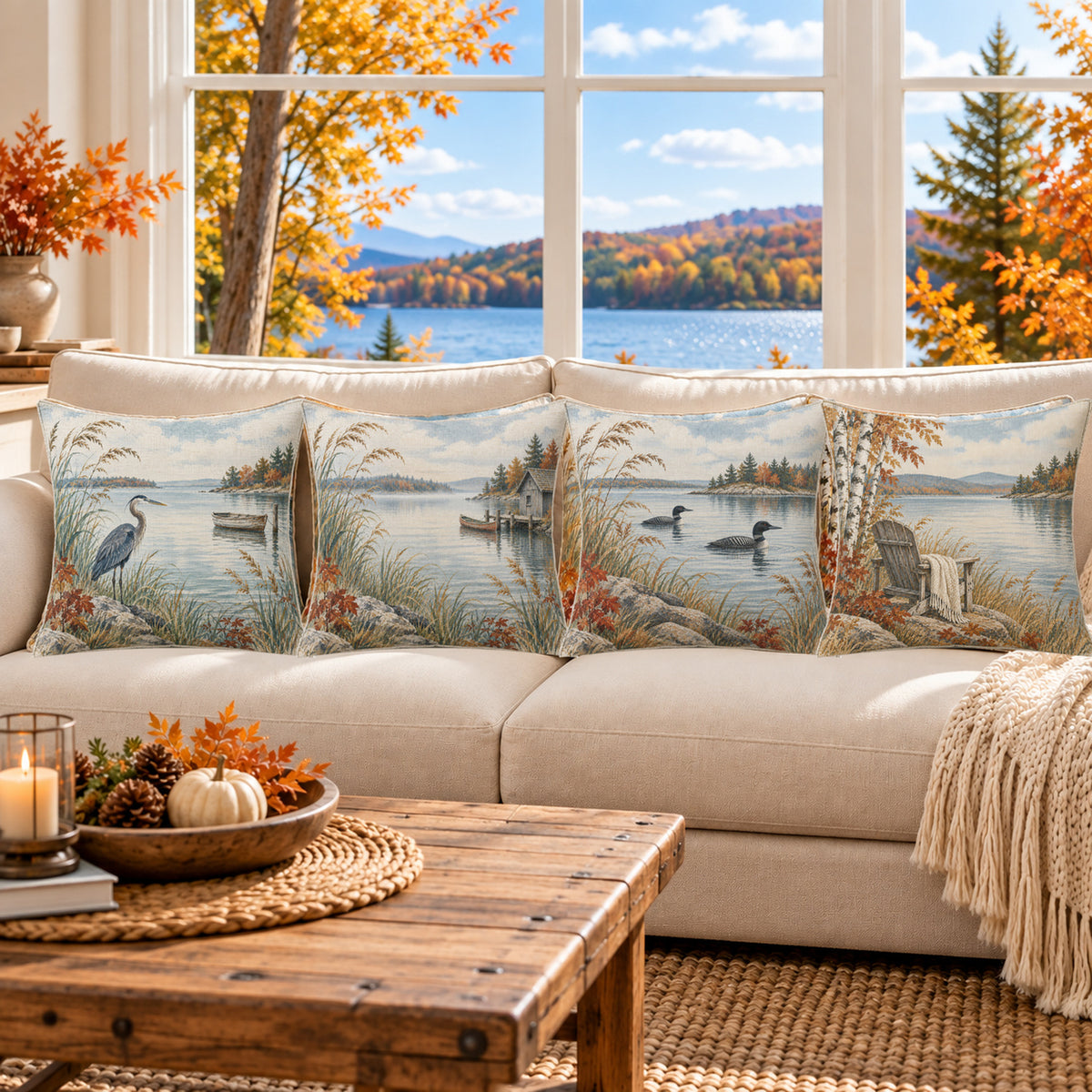 Four Autumn Lake pillow cover designs on a lakeside sofa