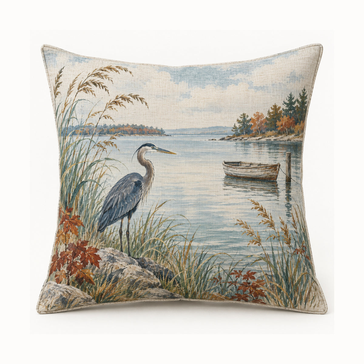 Autumn Heron by the Water pillow cover on light background