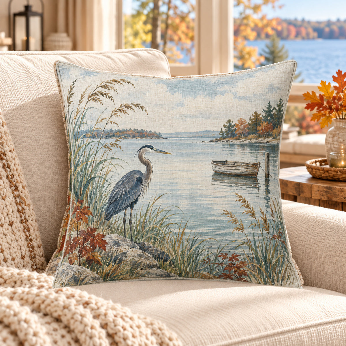Autumn Heron by the Water pillow cover in a lake house