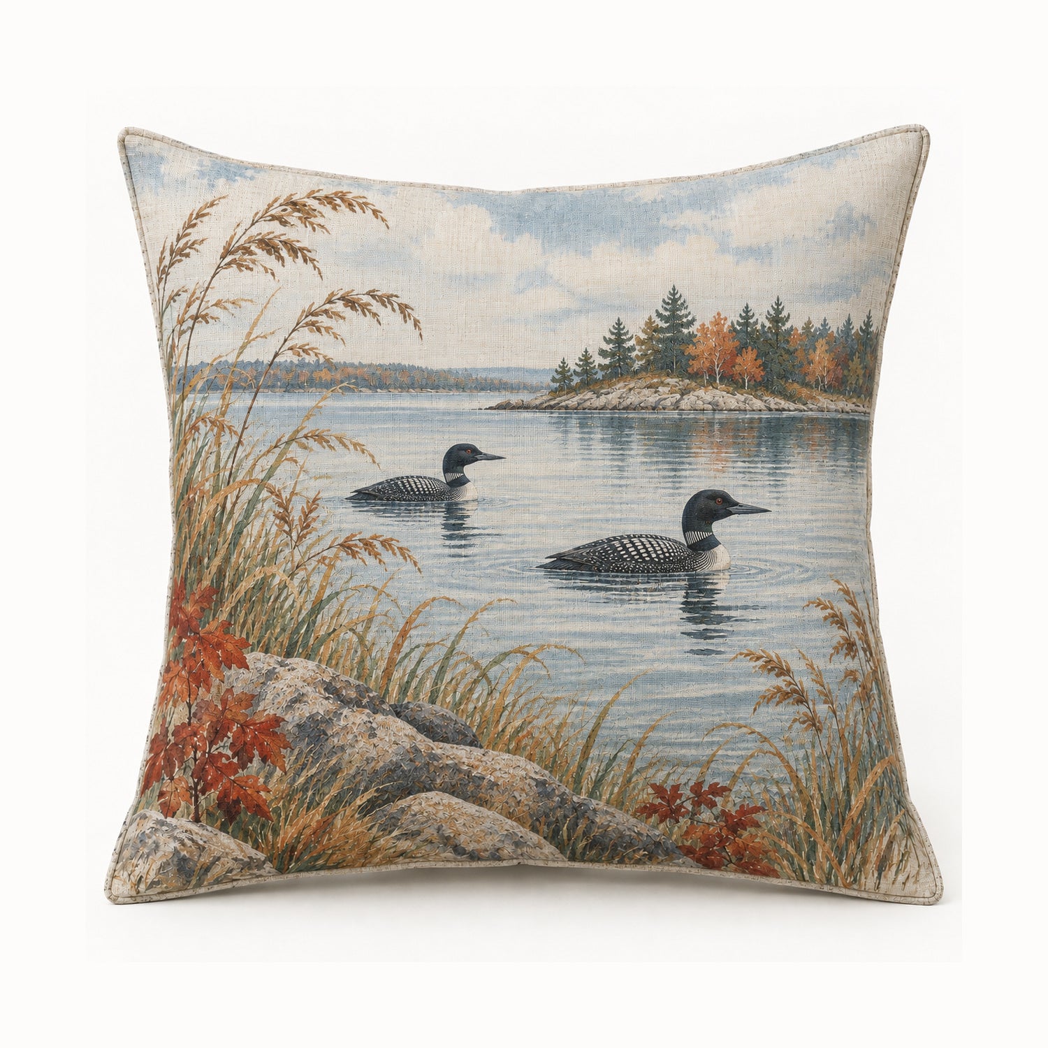 Autumn Loons on the Lake pillow cover on light background