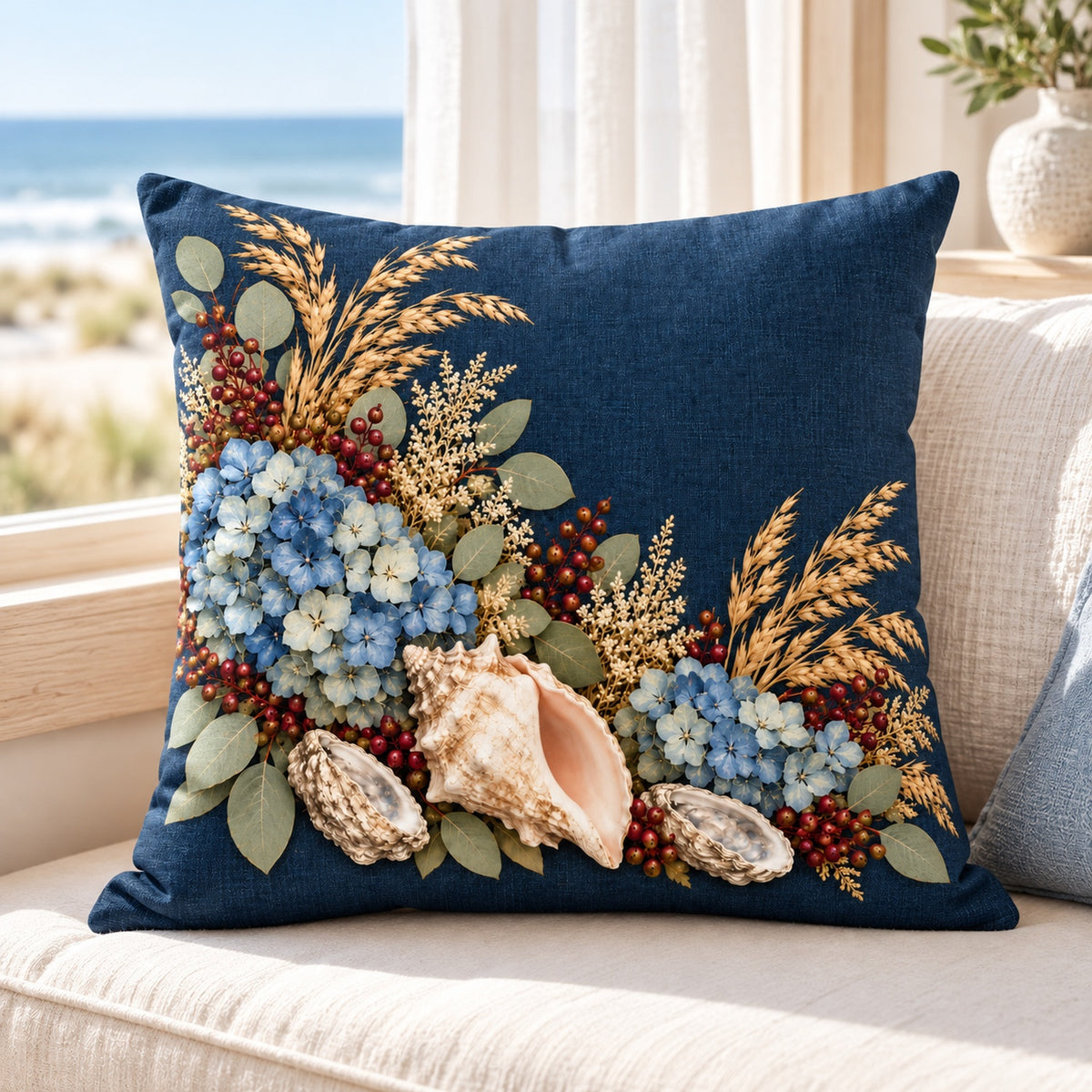 Navy autumn shells and oysters pillow cover on a coastal window bench
